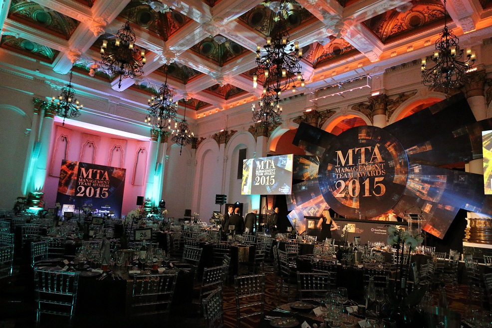 Elegant gala setup in The Ballroom, 8 Northumberland Avenue for MTA 2015 corporate event.