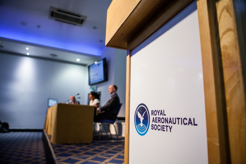 Bill Boeing Room conference panel setup with Royal Aeronautical Society branding.