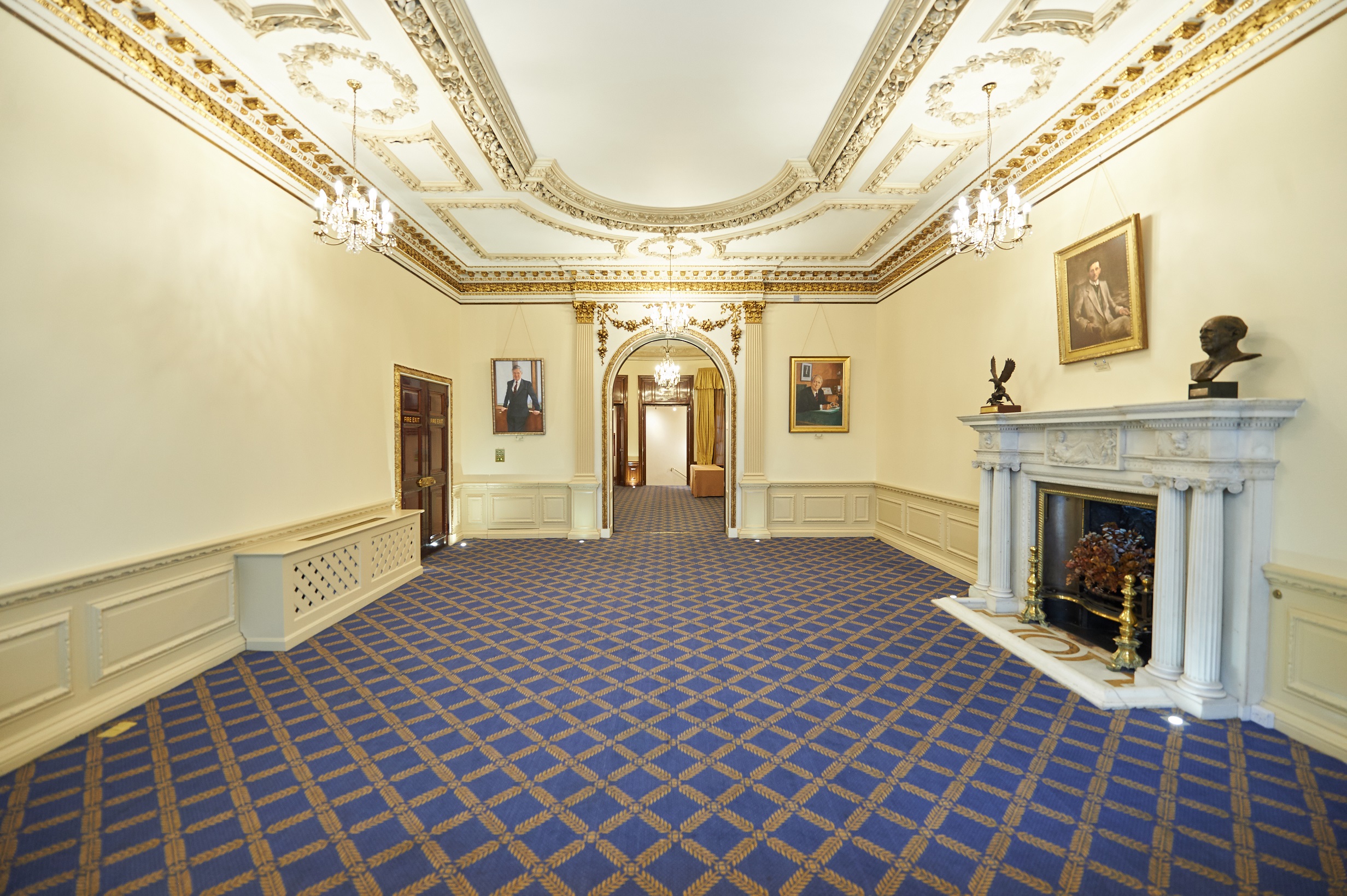 Elegant hallway at Marshall of Cambridge, featuring ornate ceiling for events and receptions.
