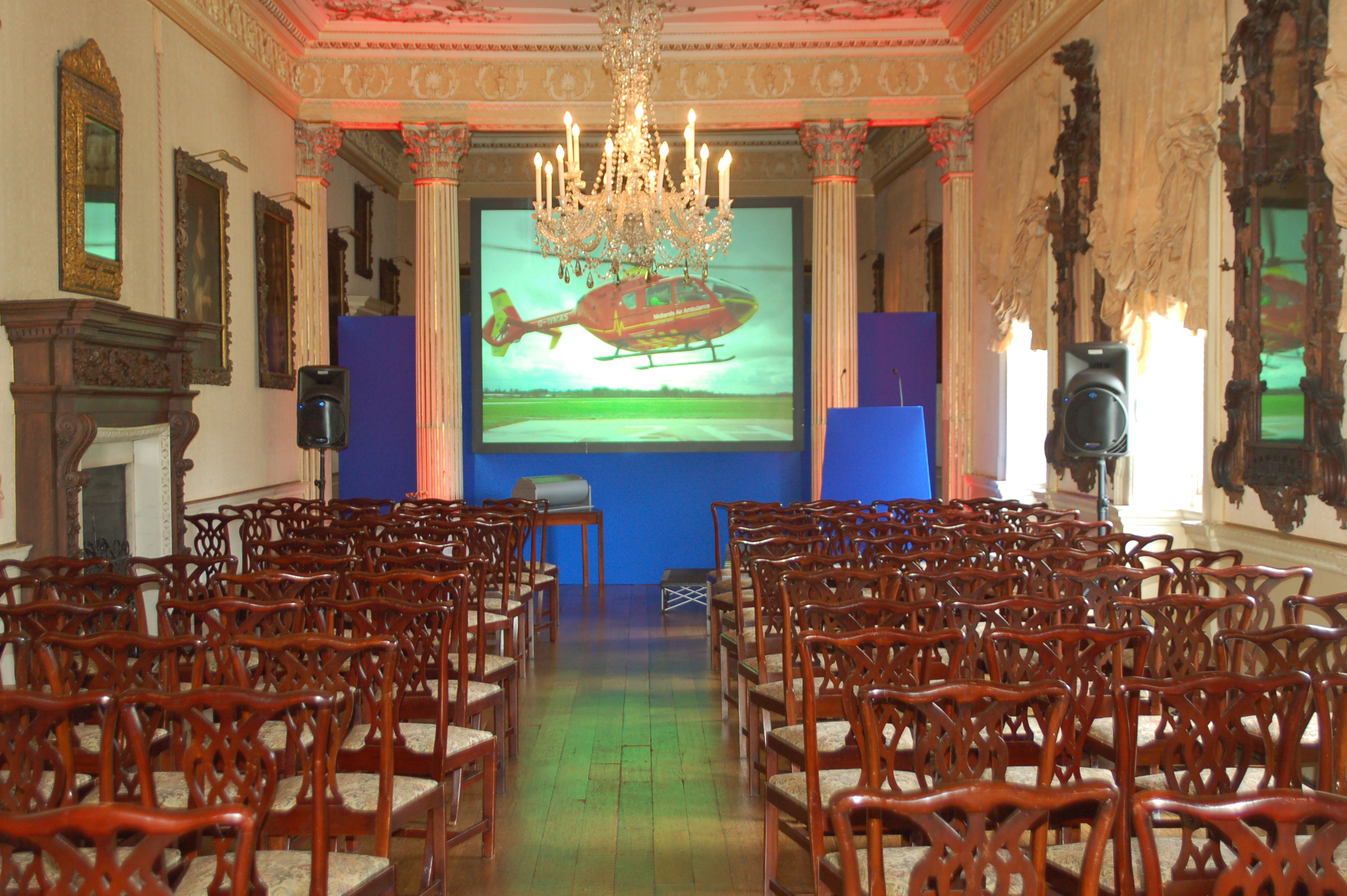 Long Gallery at Hagley Hall with elegant chairs for corporate events and presentations.