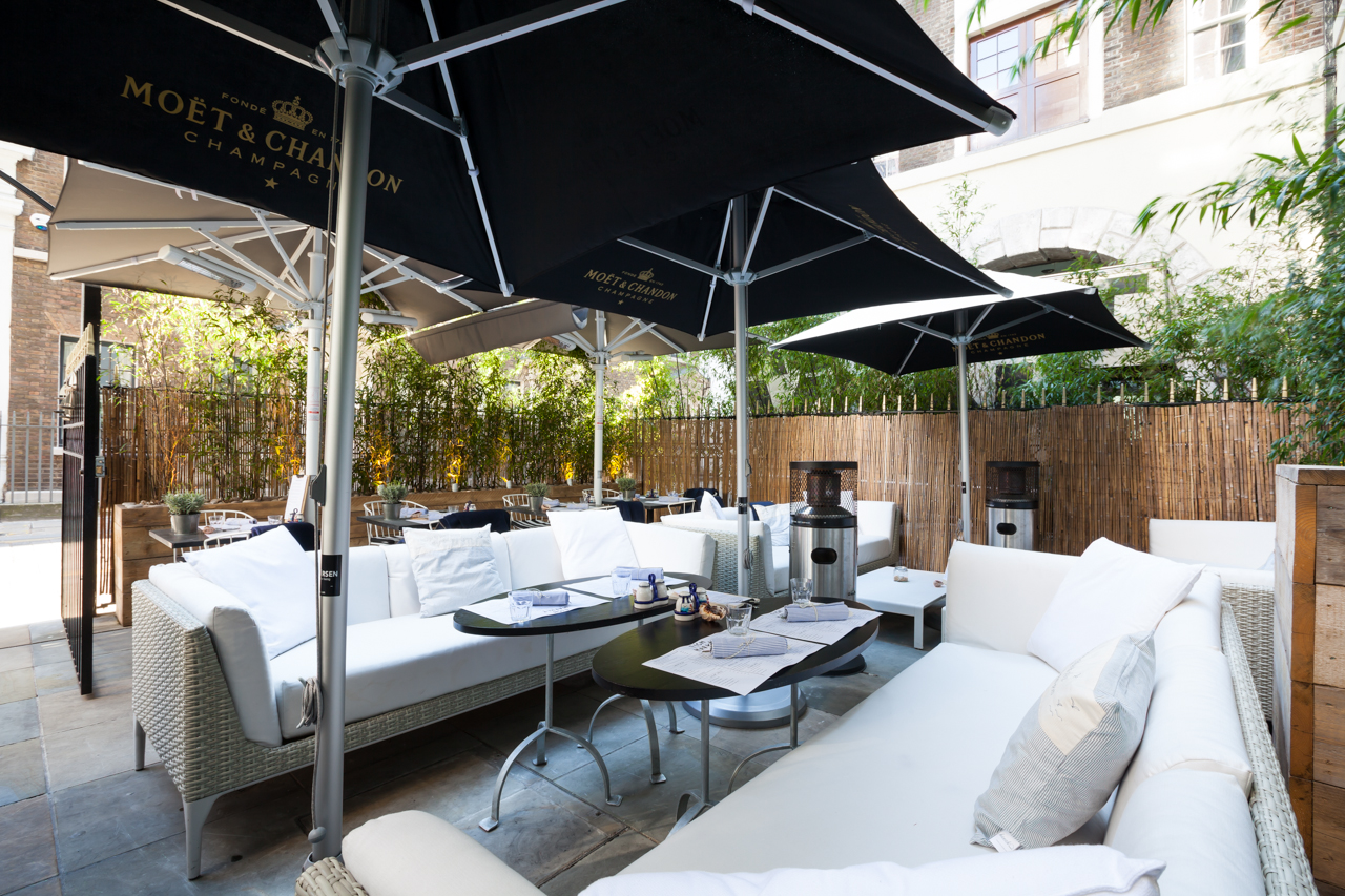 Stylish outdoor lounge at Terrace in Fish Market, perfect for upscale events and networking.
