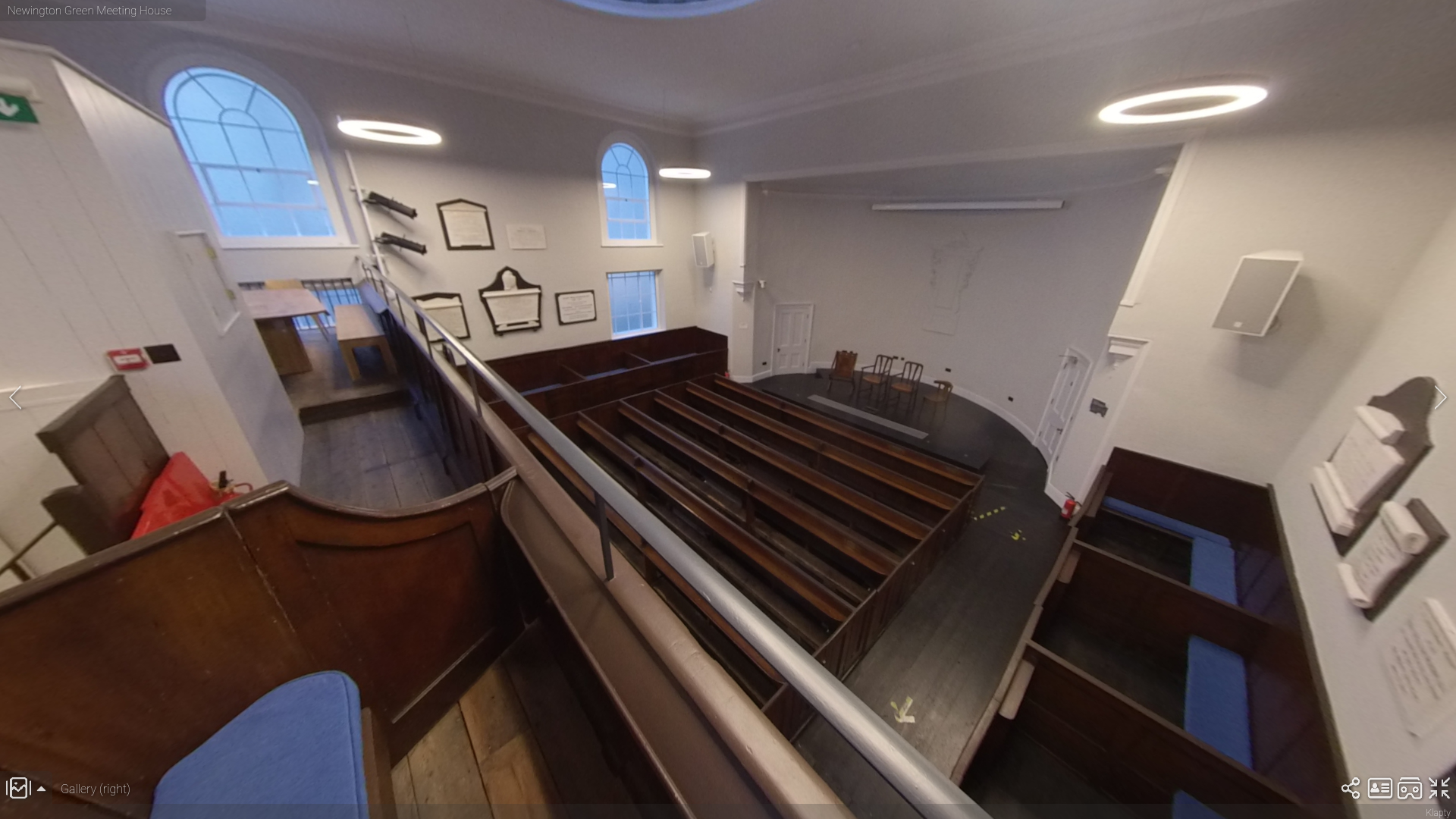 Main Hall in Newington Green Meeting House with tiered seating for workshops and events.