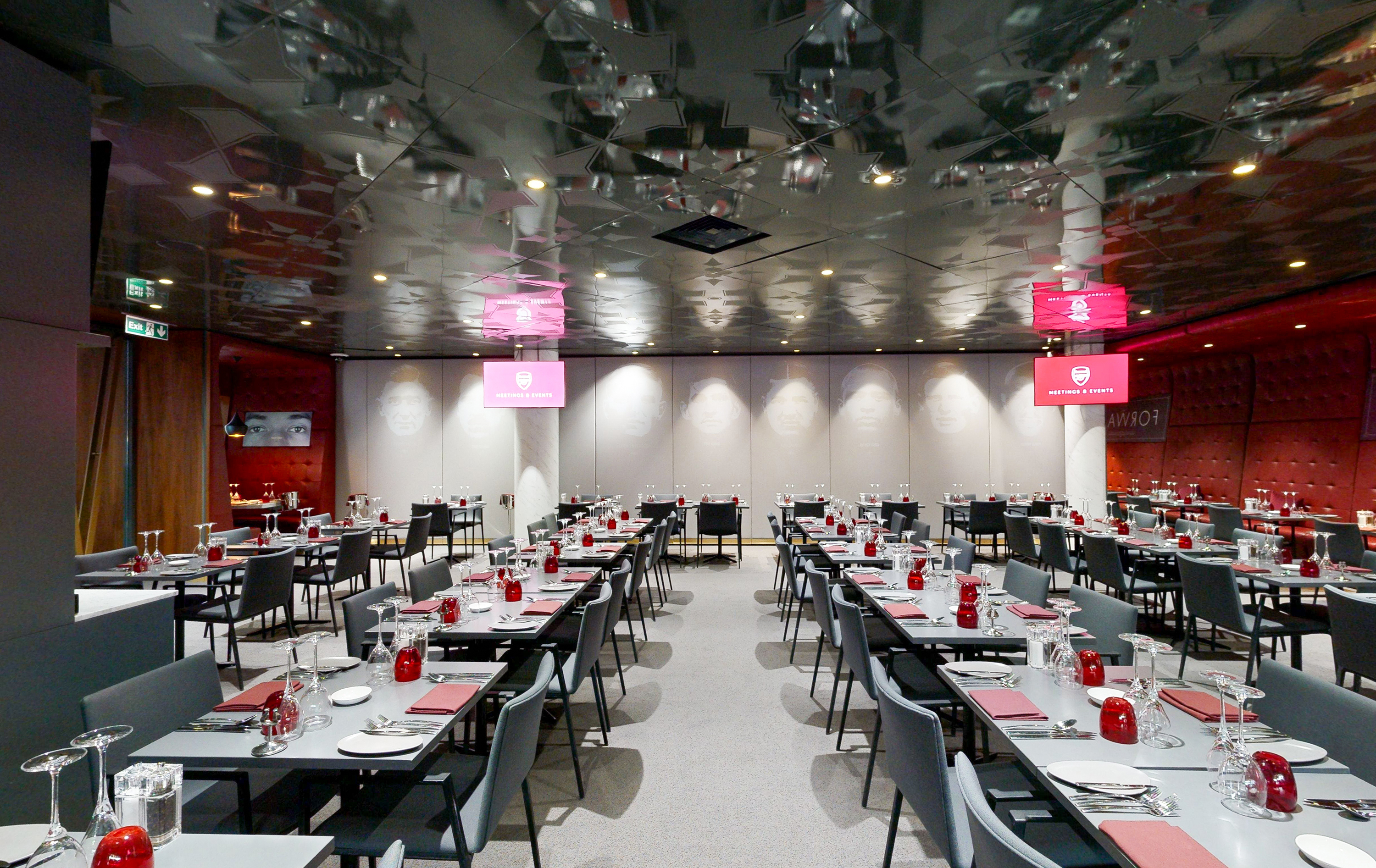 M Club at Emirates Stadium: elegant dining setup for corporate events and special occasions.