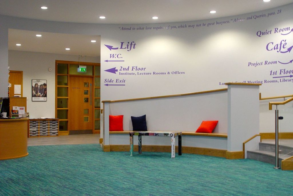 Liverpool Quaker Meeting House library lobby with vibrant seating for events and networking.