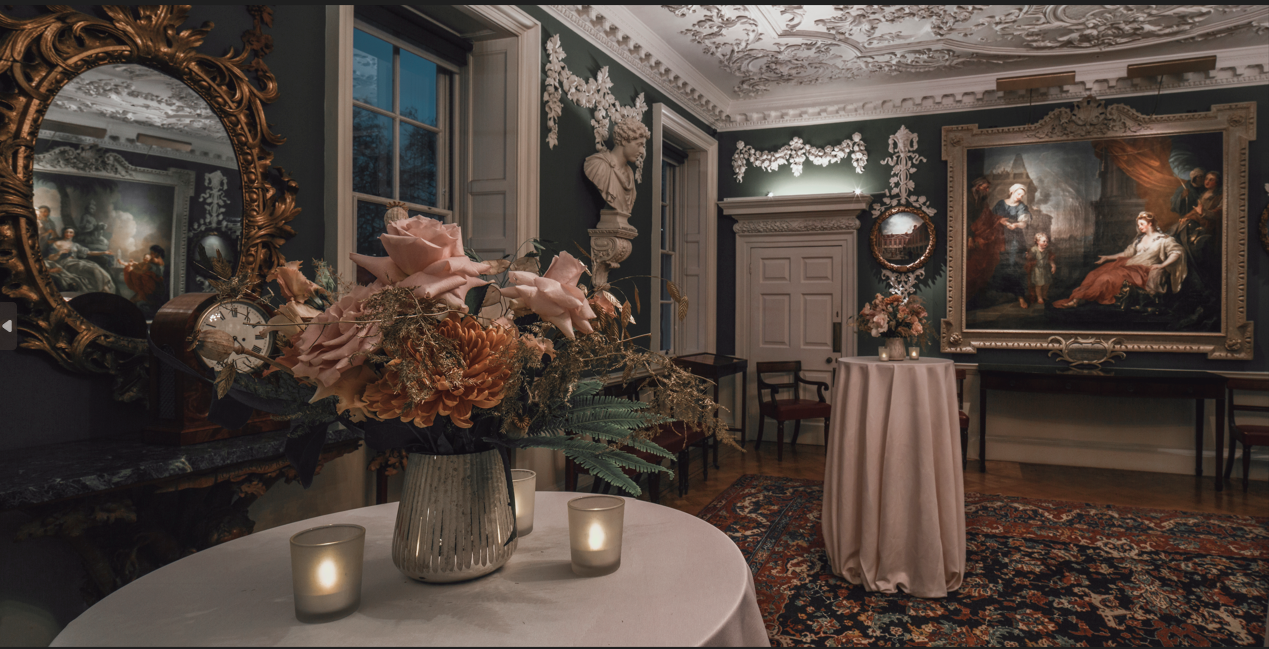 Elegant Foundling Museum court room with floral decor, ideal for upscale events and receptions.