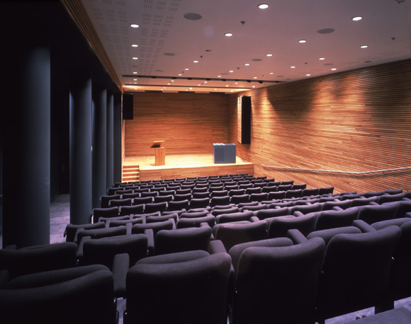 Modern auditorium with tiered seating in The Ondaatje Wing Theatre, perfect for conferences.