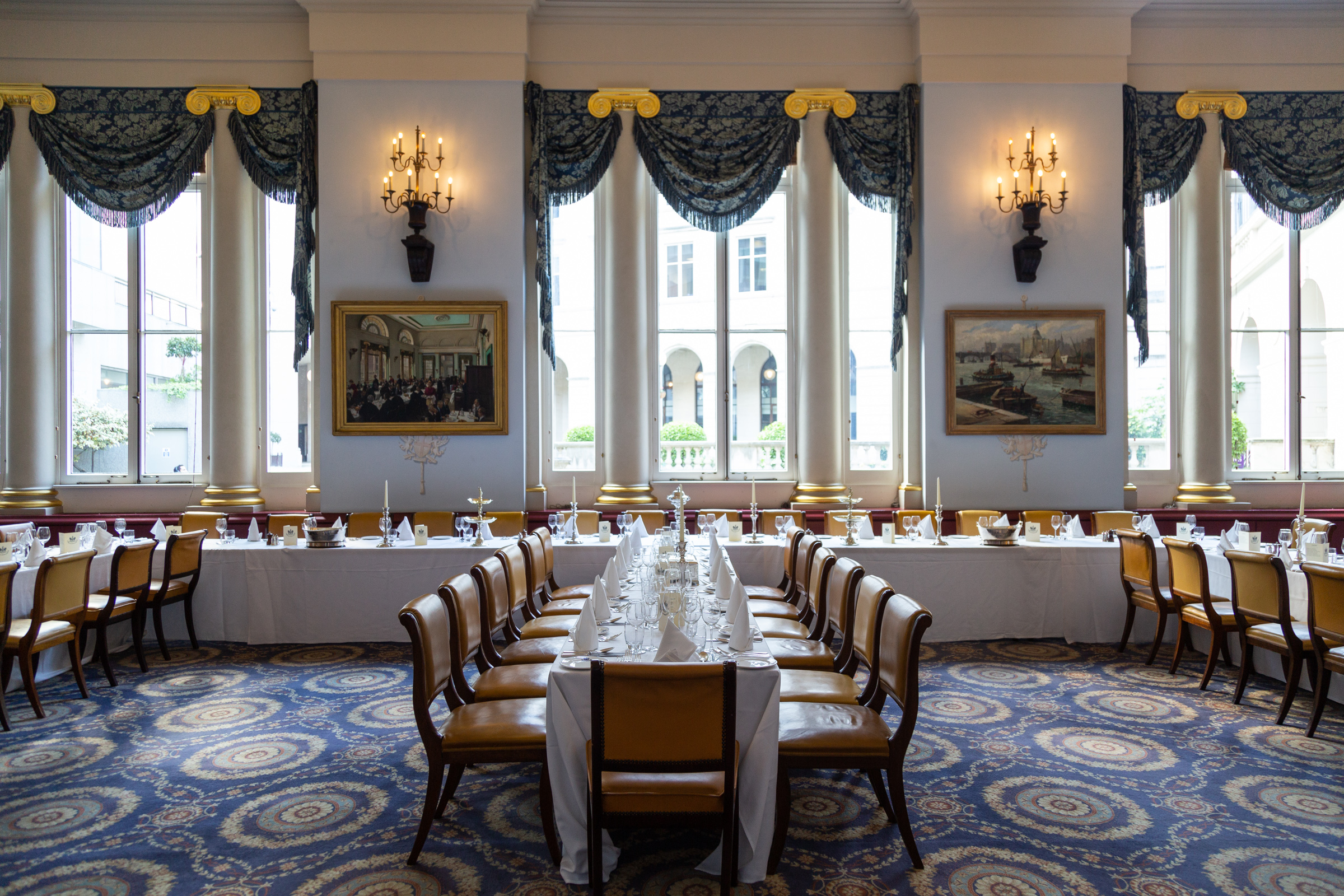 Elegant Main Dining Room at City of London Club, ideal for formal events and corporate gatherings.