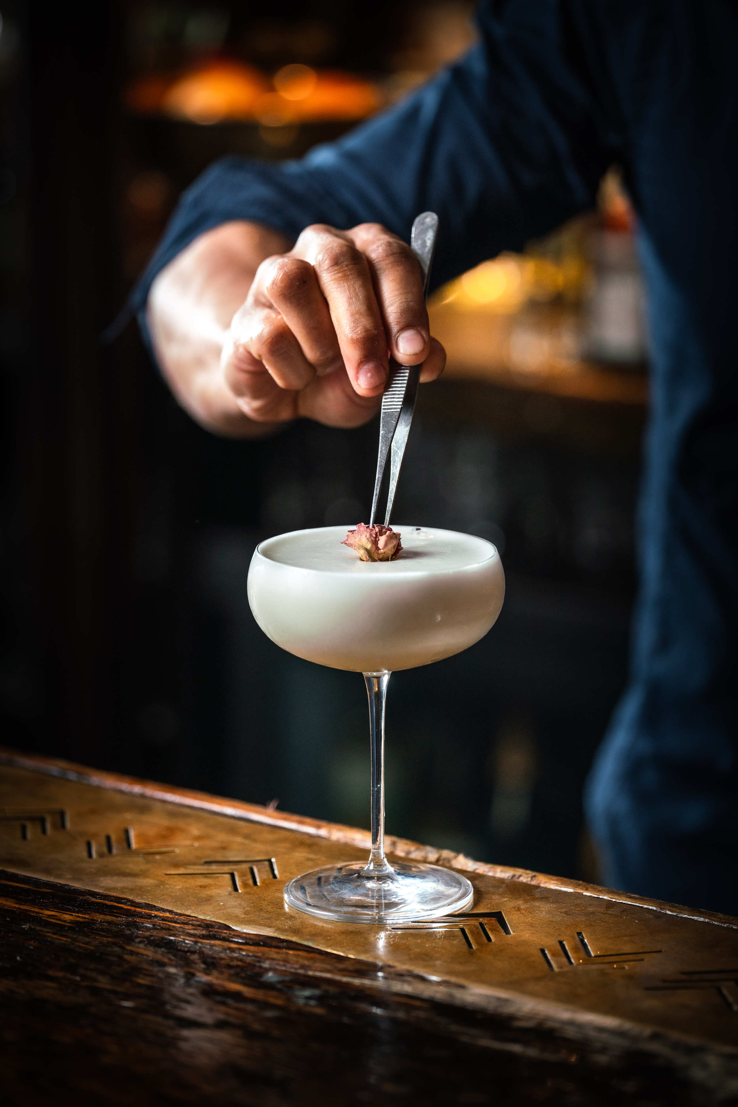 Meticulously crafted cocktail garnish at The Lucky Pig for private event catering.