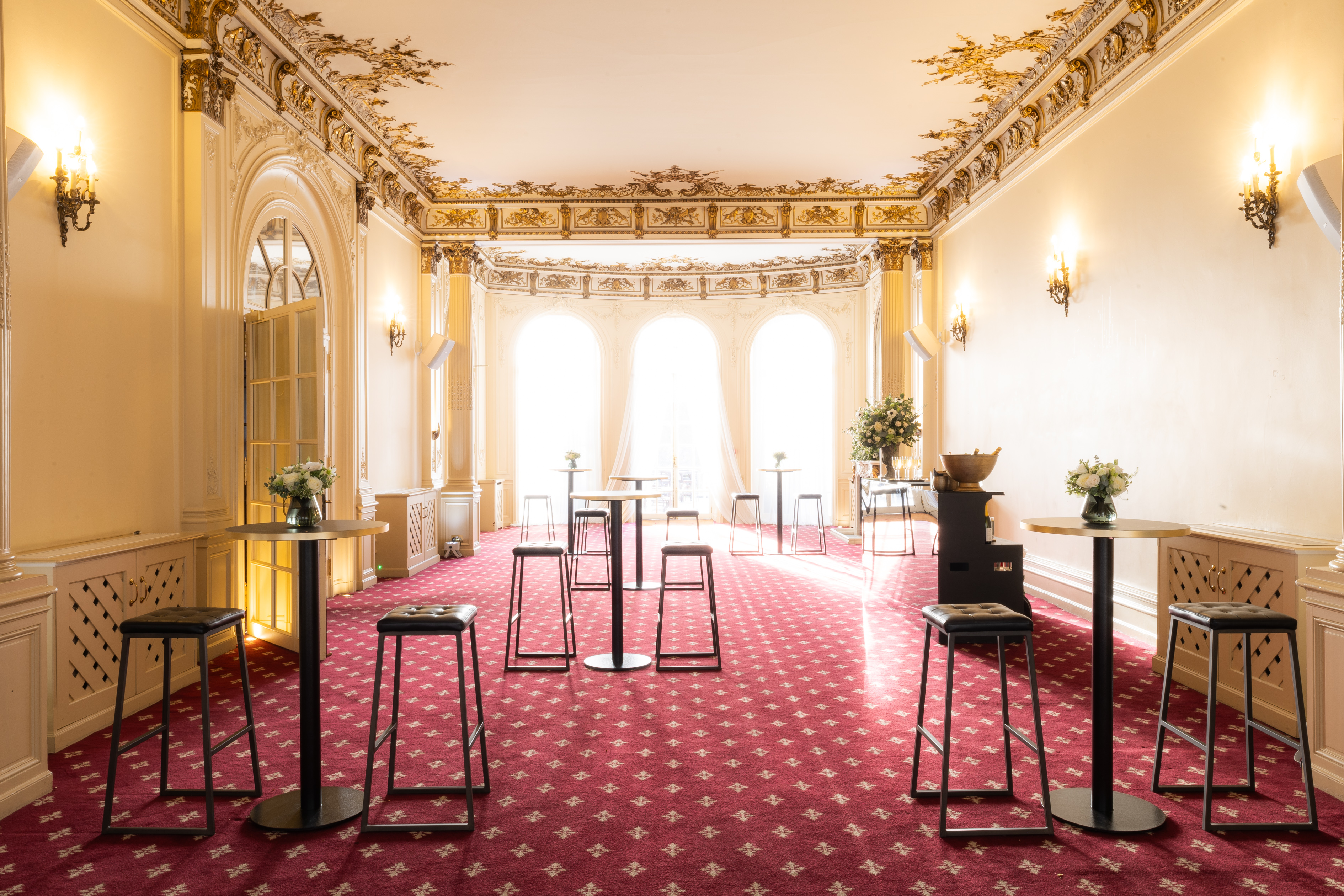 Elegant Argyll Room with high-top tables for networking and cocktail receptions.