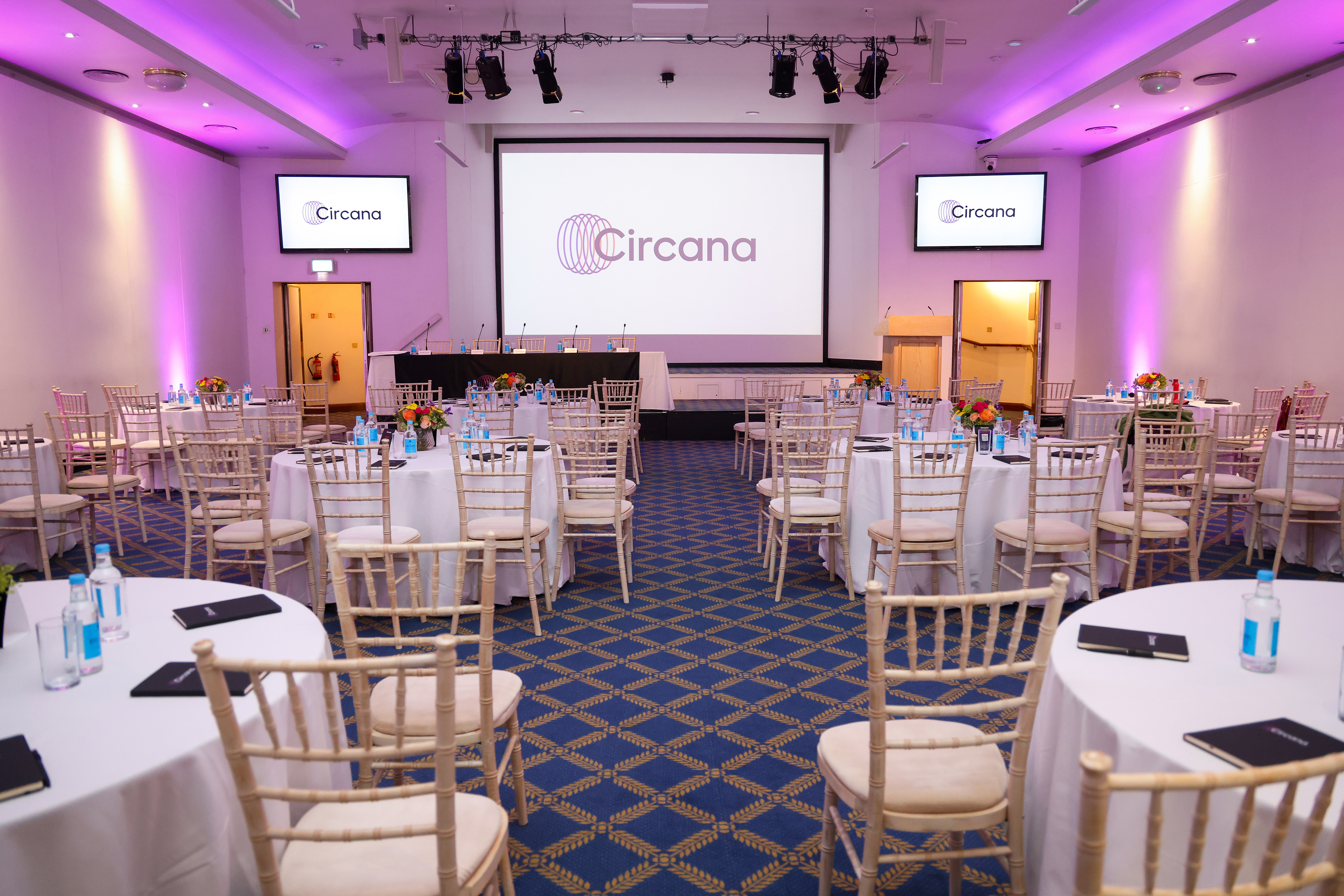 Bill Boeing Room corporate meeting setup with round tables and elegant decor.