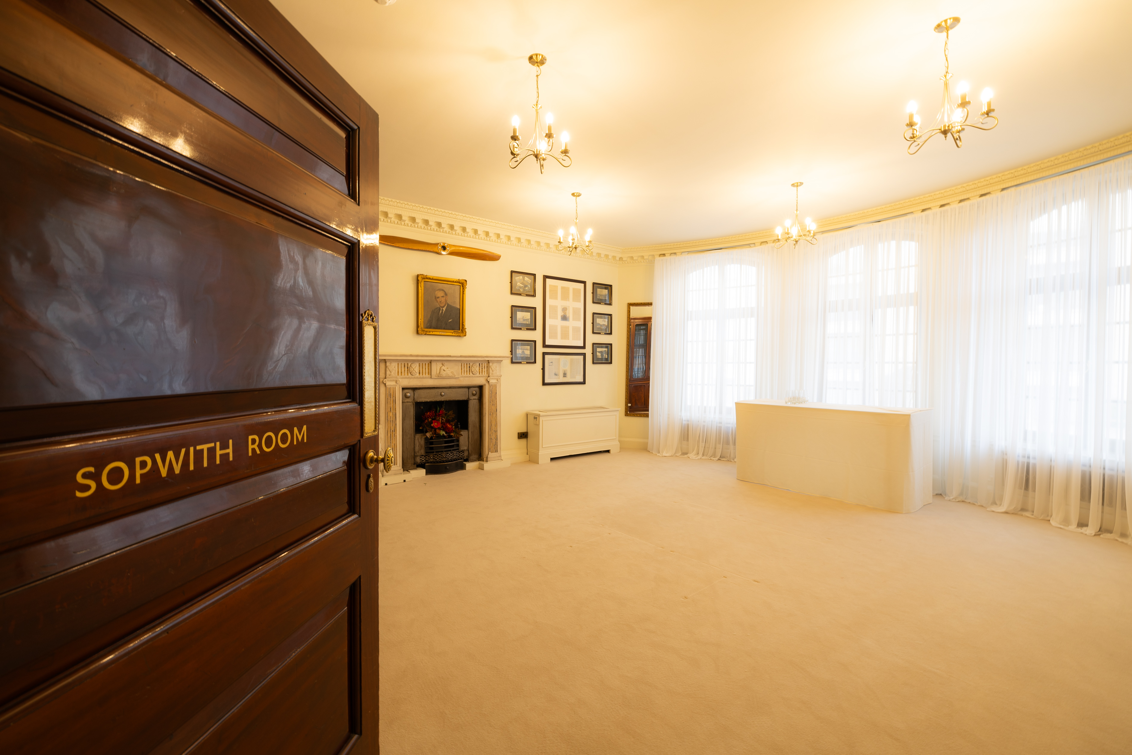 Sopwith Room at No. 4 Hamilton Place, elegant meeting space with large windows, ideal for events.