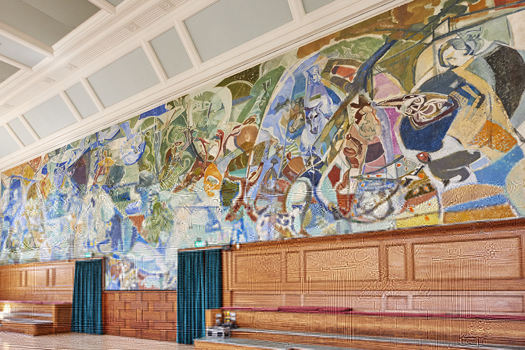 Vibrant mural in Kennedy Hall, ideal for creative meetings and events at Cecil Sharp House.