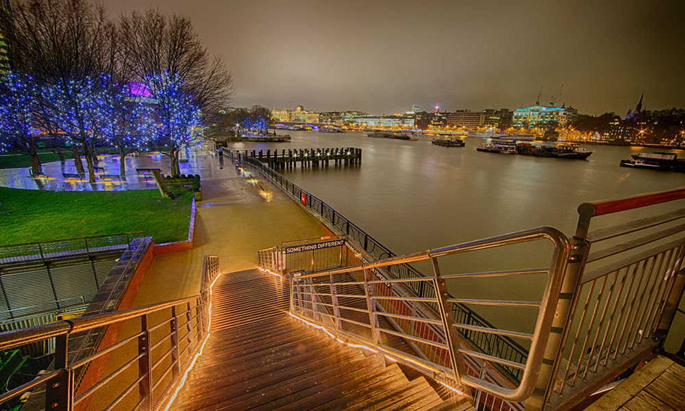 Illuminated riverside venue OXO2, ideal for corporate events and social celebrations.
