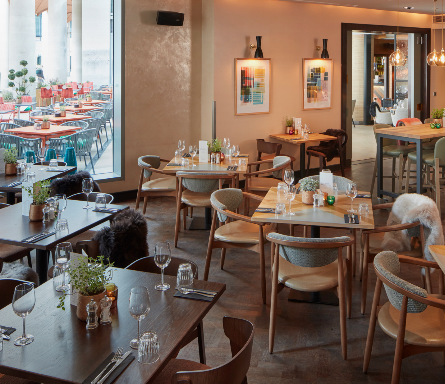 Modern dining space in The Happenstance, ideal for networking lunches and intimate events.