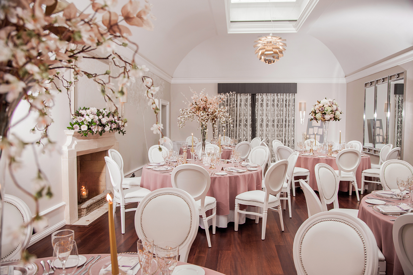 Elegant event space at Foxhill Manor with floral centerpieces for weddings and gatherings.