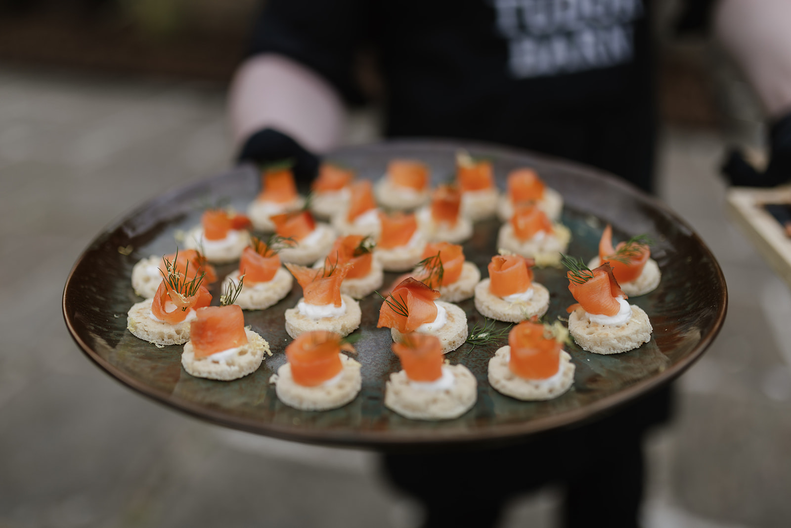 Elegant canapé platter with smoked salmon at Tudor Barn Eltham event venue.