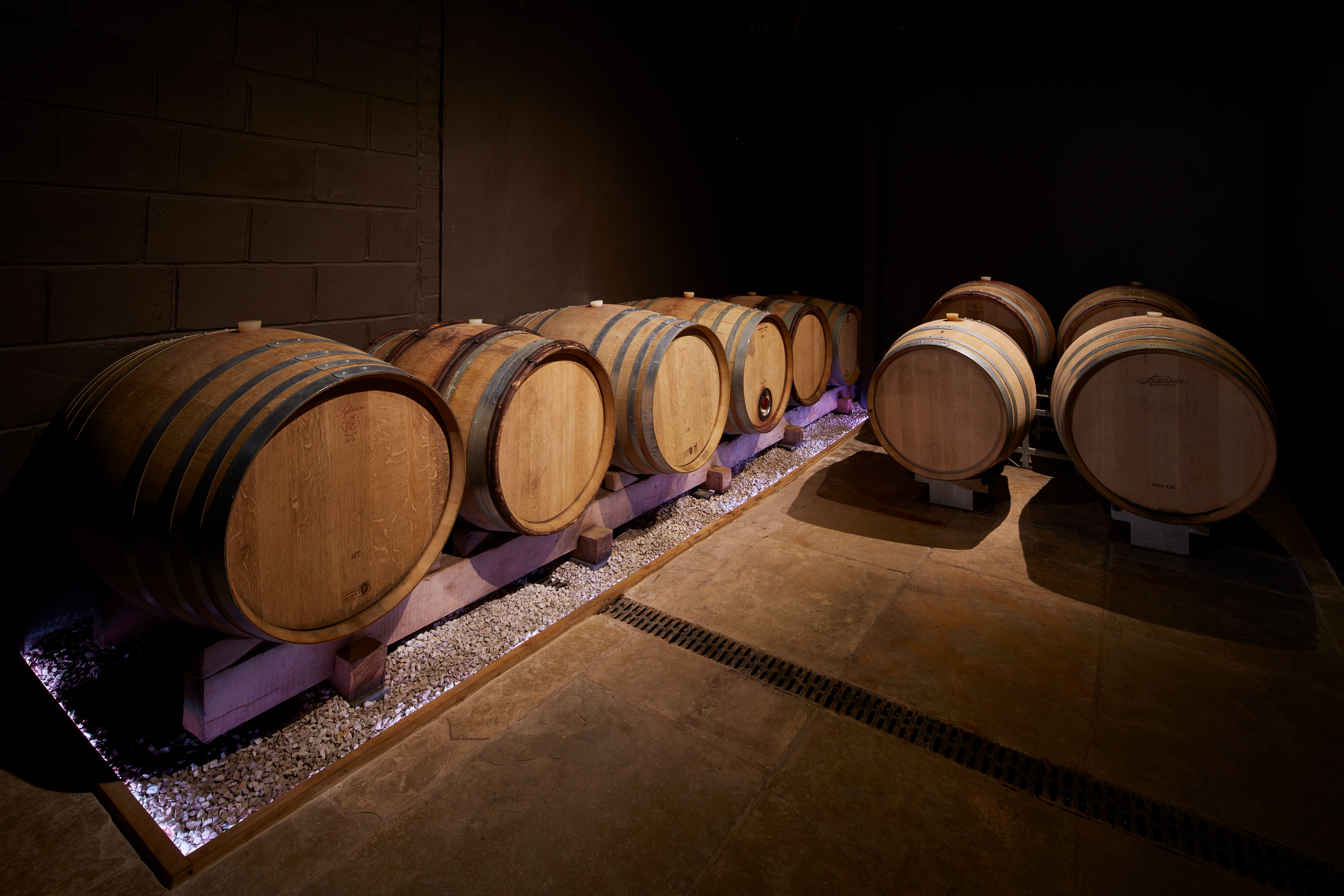 Sophisticated wine cellar with wooden barrels for exclusive tastings and private events.