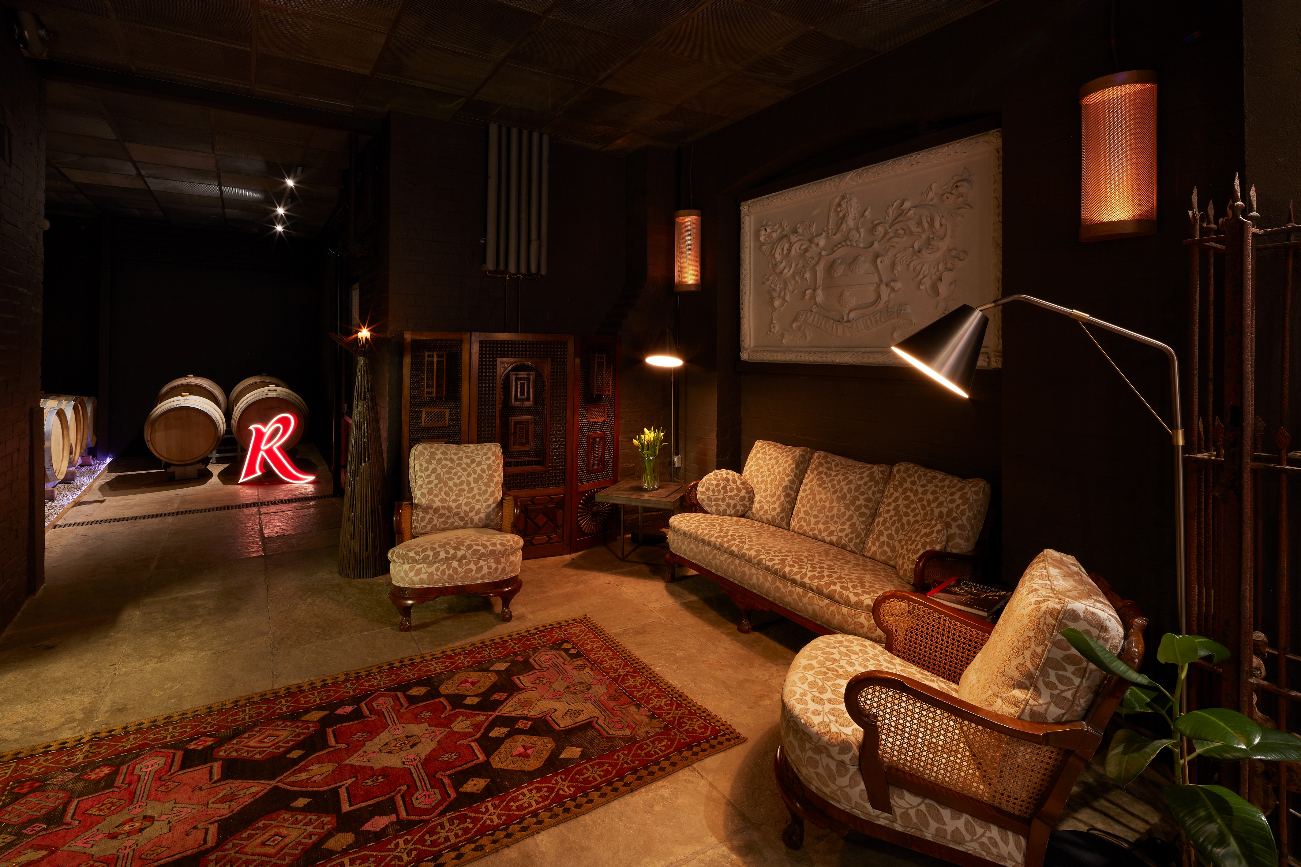 Cozy lounge at London Cru, perfect for networking events and wine tastings.