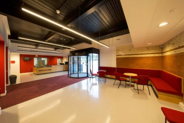 Modern reception area at The Tramshed for professional meetings and events.