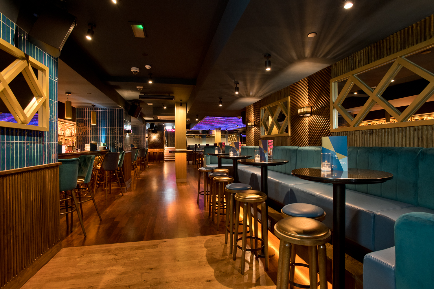 Be At One Shoe Lane lounge with banquette seating for networking events and cocktail parties.
