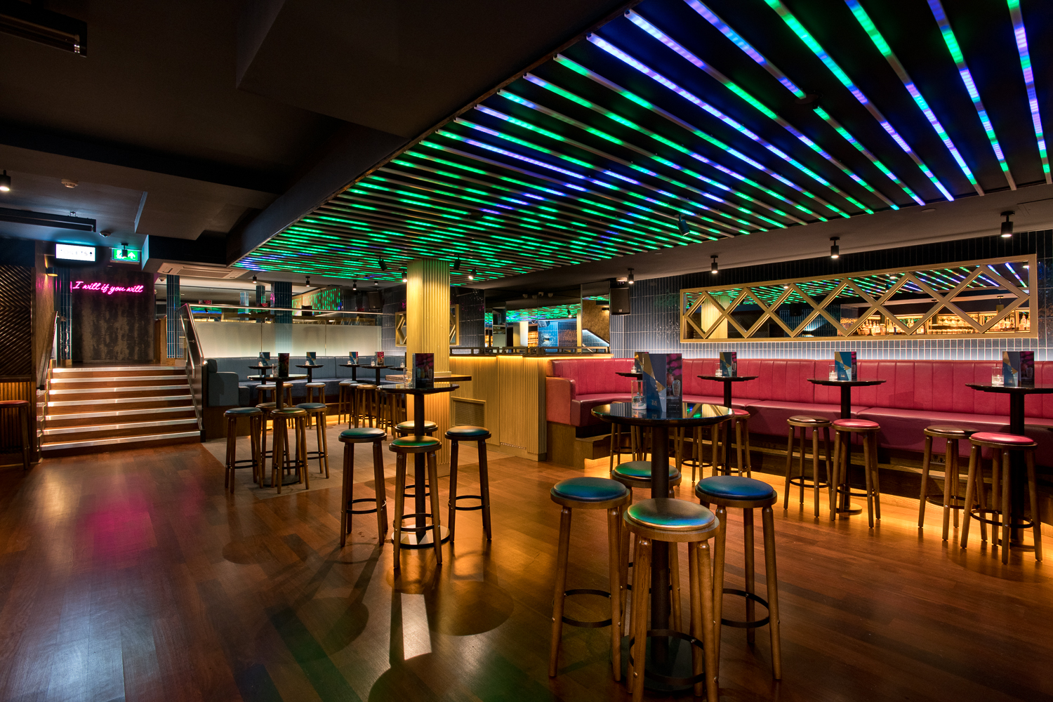 Be At One Shoe Lane venue featuring high-top seating for cocktail receptions and networking events.