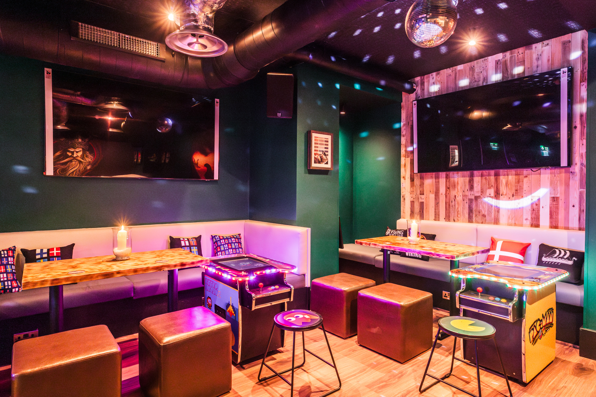 Vibrant Nordic Bar venue with cozy seating for networking events and small parties.