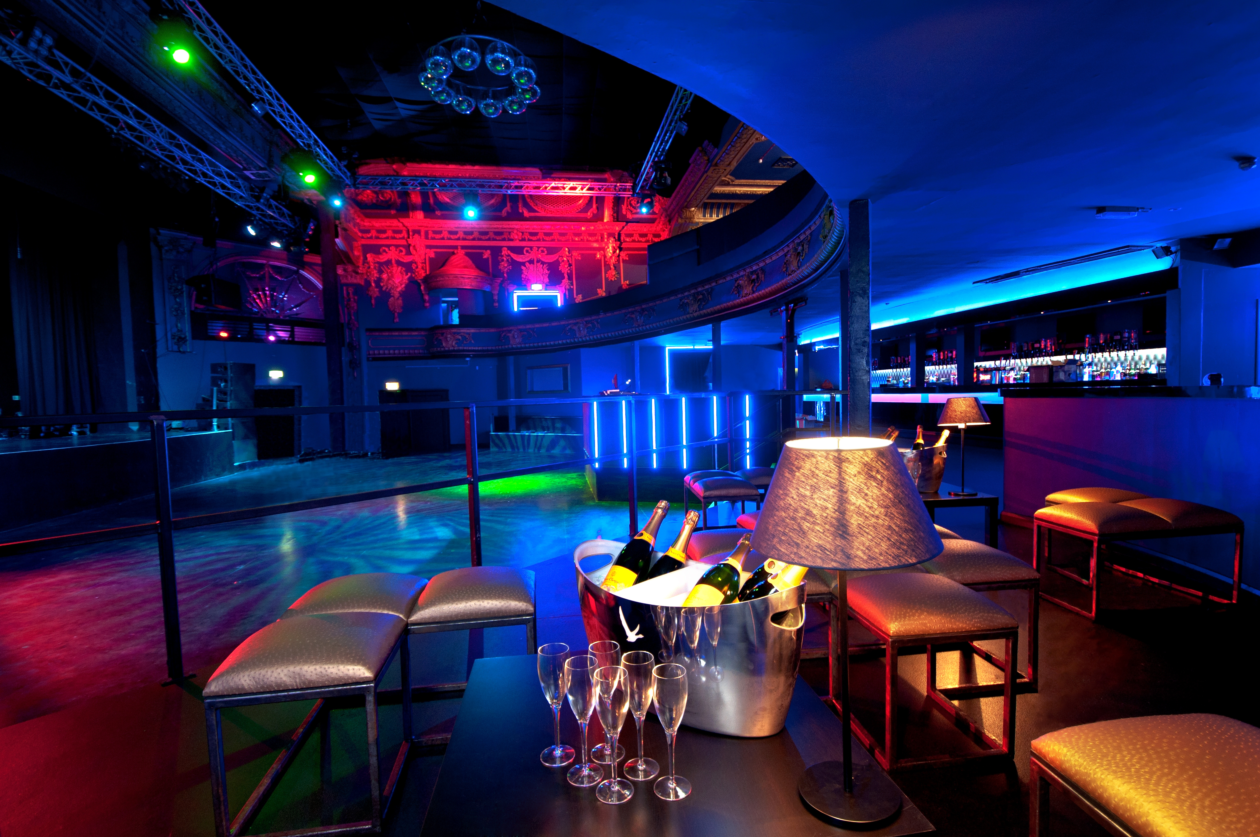 Electric Brixton event space with dynamic lighting, ideal for cocktail receptions and after-parties.