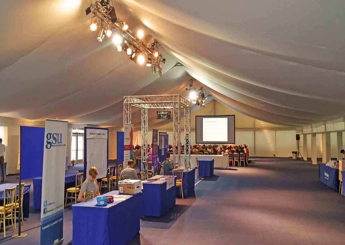 Event tent at Queen's Lawn, Imperial College for conferences and exhibitions.