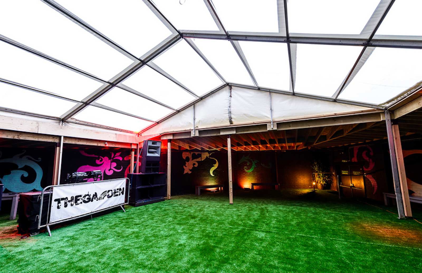The Roof Garden at The Rainbow Venues: clear-top tent for events, ideal for parties and performances.