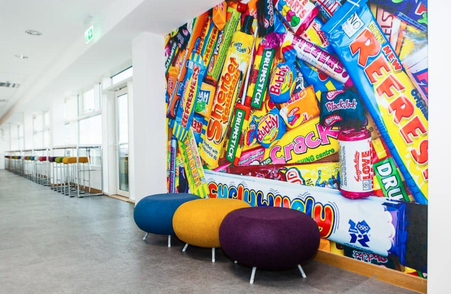 Vibrant candy-themed event space in Birmingham for creative meetings and gatherings.