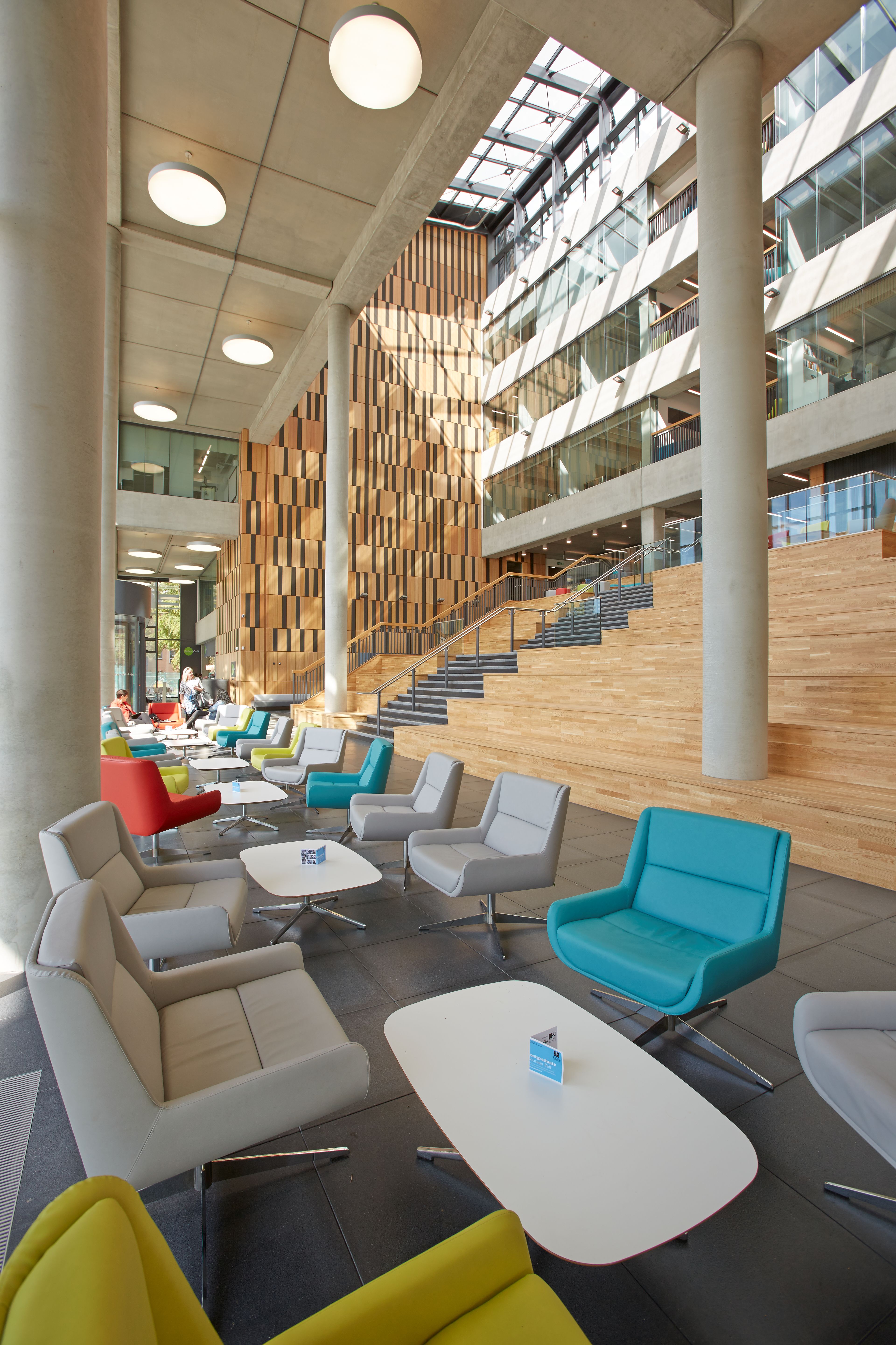 Modern open lobby in Brooks Building Atrium, ideal for networking and conferences.