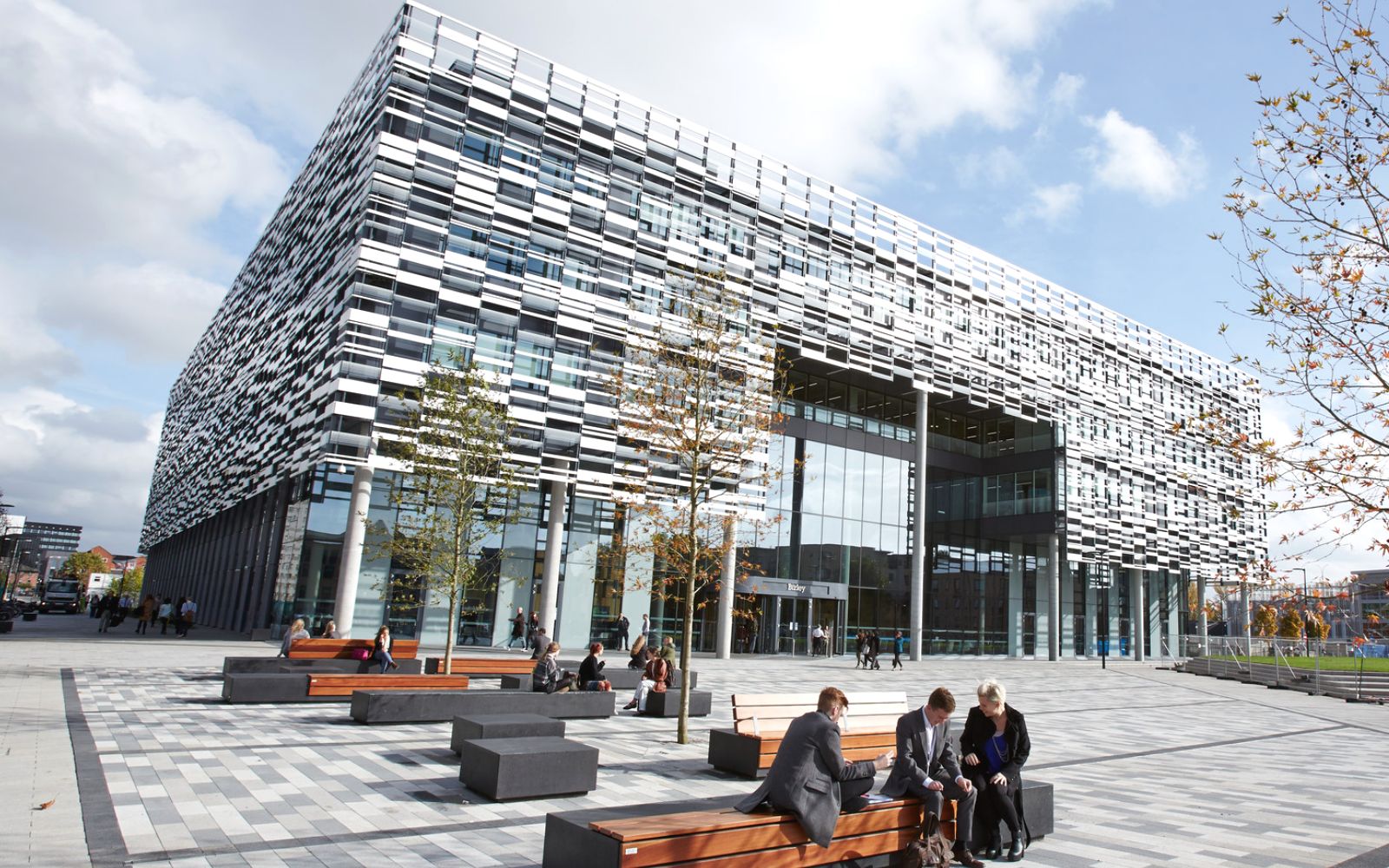 Modern conference venue in Brooks Building with large glass facade for corporate events.