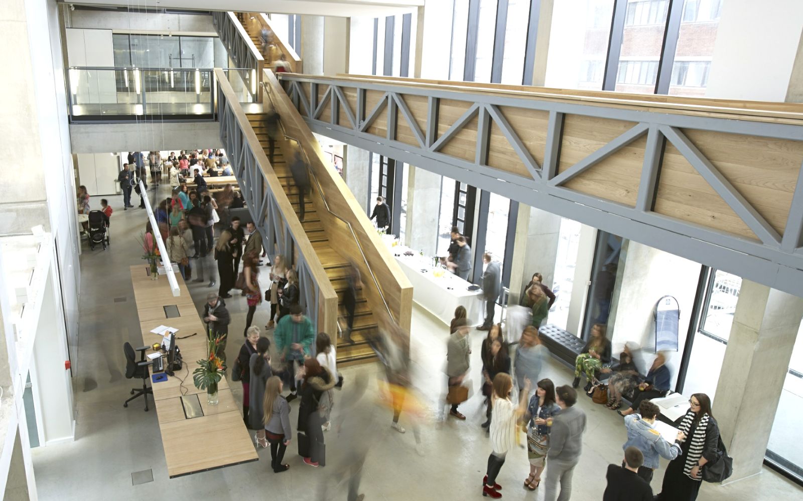 Modern meeting space in Benzie Building with large windows, ideal for events and networking.