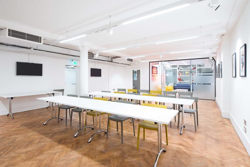 Modern classroom-style corporate workshop and training room at The Studio in Farringdon.