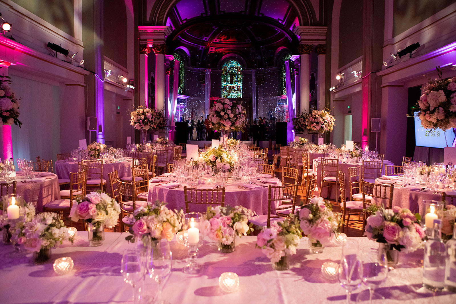 Elegant Soane Hall event space with floral centerpieces for weddings and gatherings.