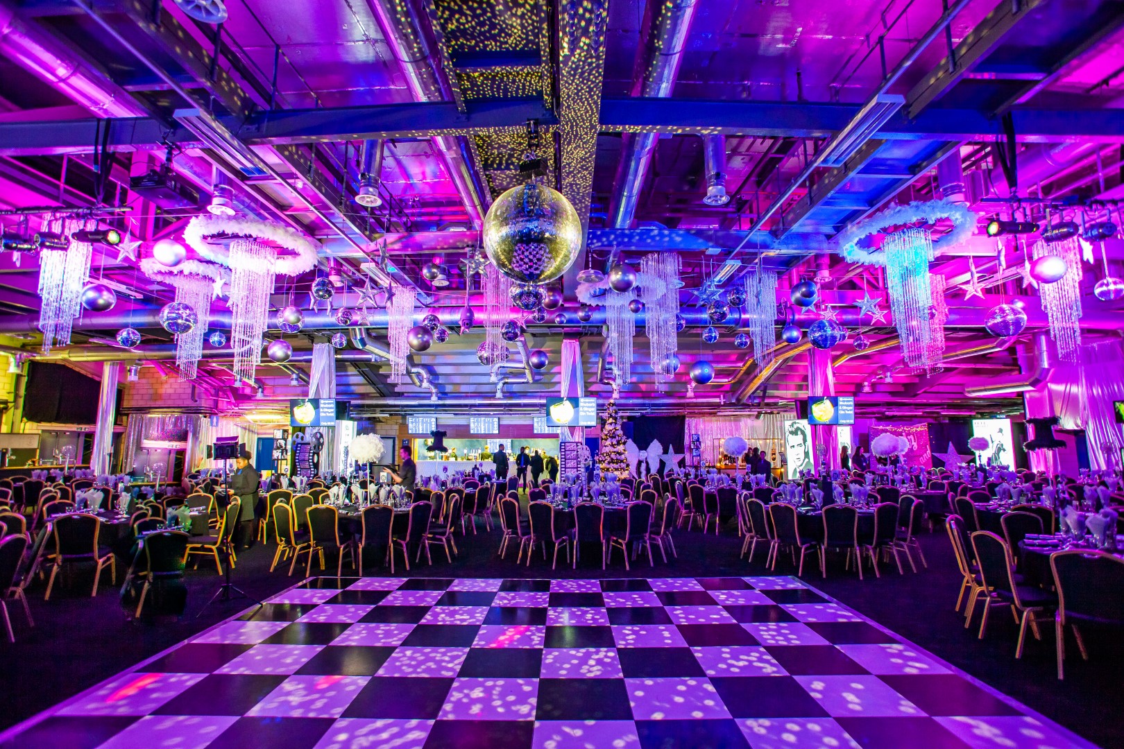 Edgbaston Stadium exhibition hall with checkerboard dance floor for gala events and corporate parties.