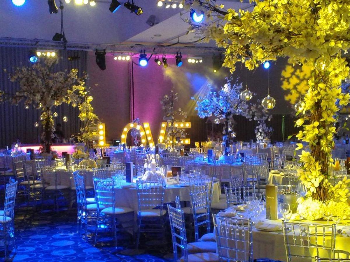 Edgbaston Stadium banqueting suite with dramatic lighting for corporate events and gala dinners.