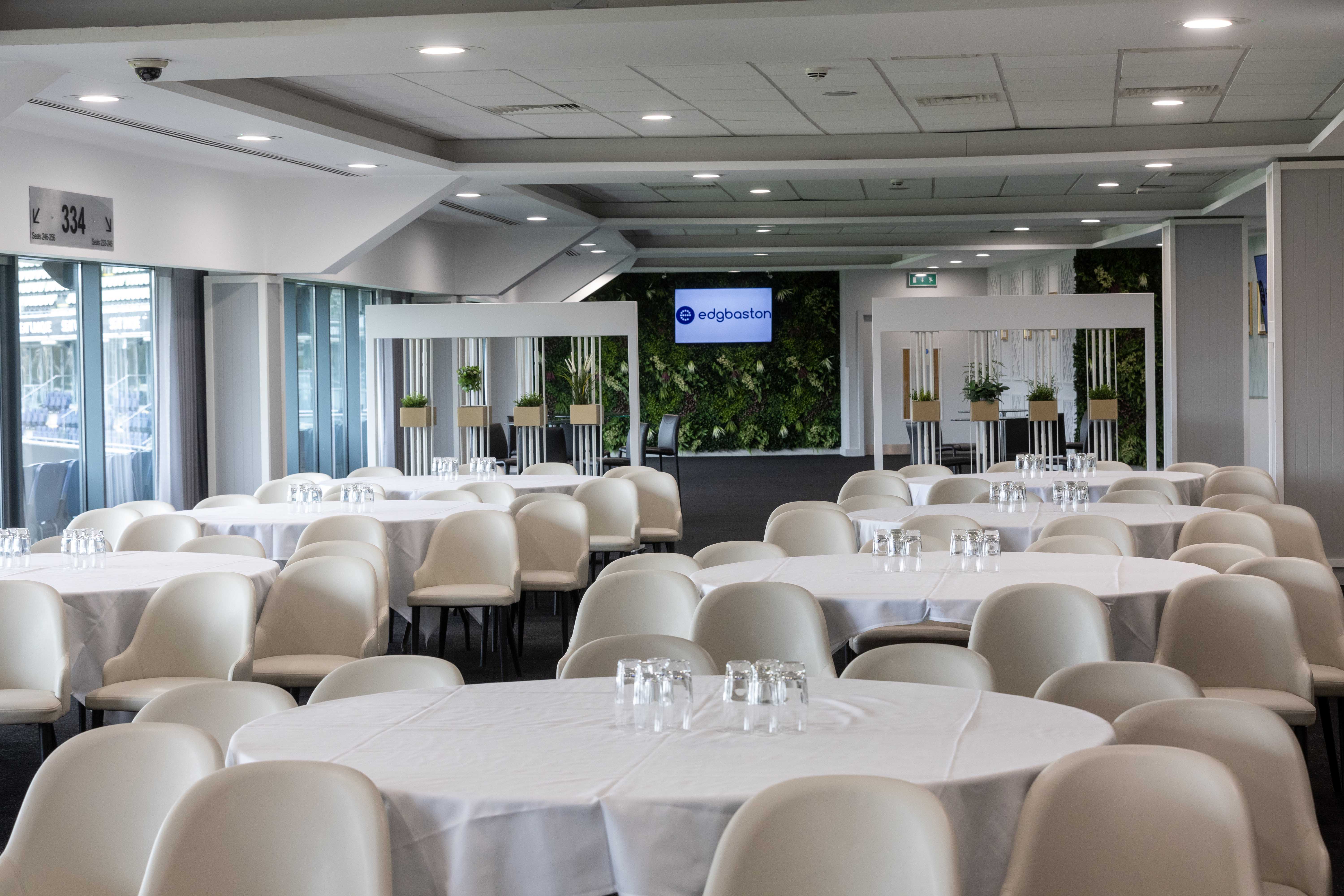 Warwickshire Suite banquet setup at Edgbaston Stadium for corporate events and formal dinners.
