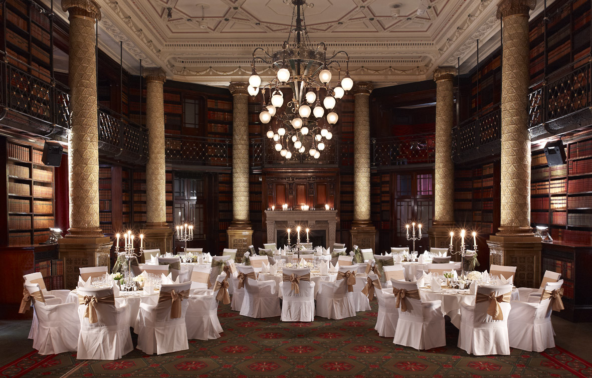 Gladstone Library banquet hall with elegant decor, ideal for weddings and corporate events.