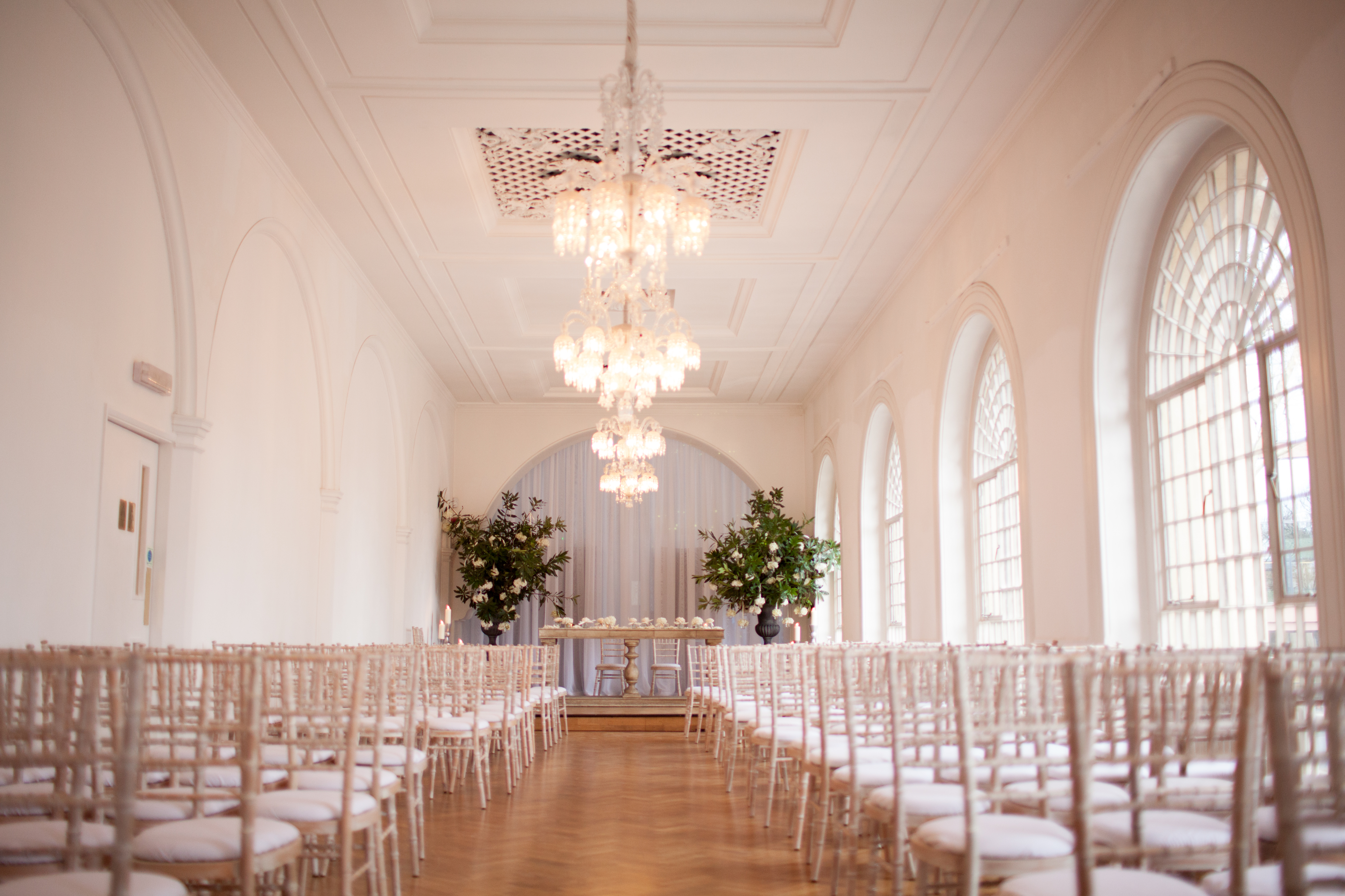 Elegant event space at One Marylebone with chandeliers, ideal for weddings and gatherings.