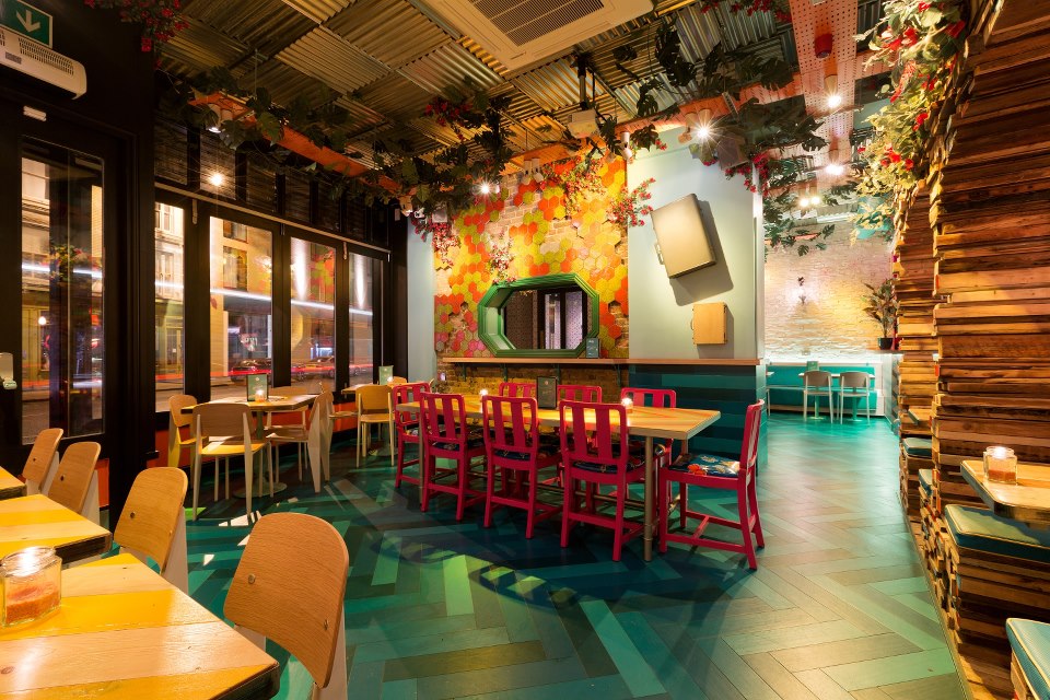 Vibrant event space in Shoreditch with colorful decor for gatherings and meetings.
