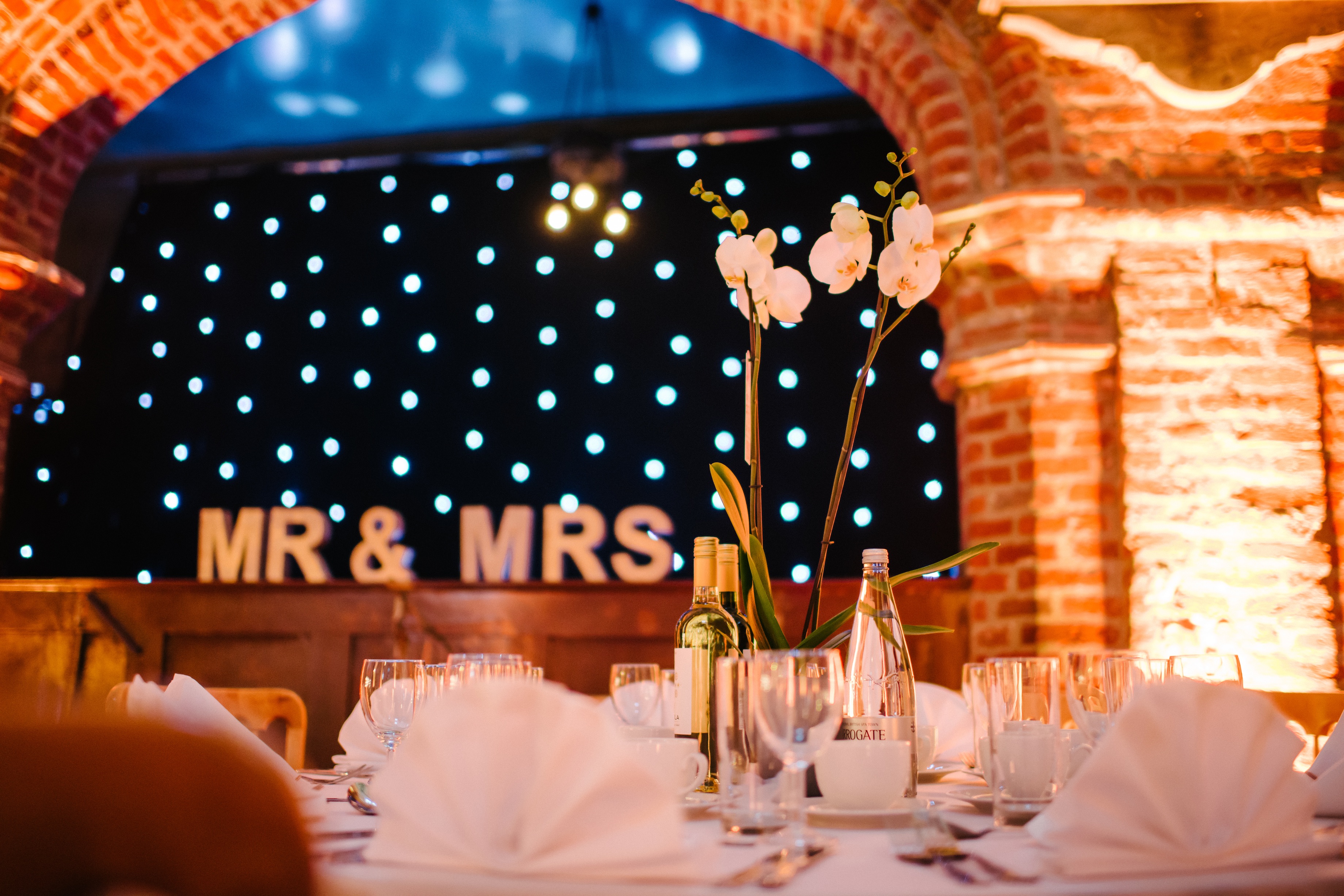Wedding reception, orchids, MR & MRS, fairy lights, event