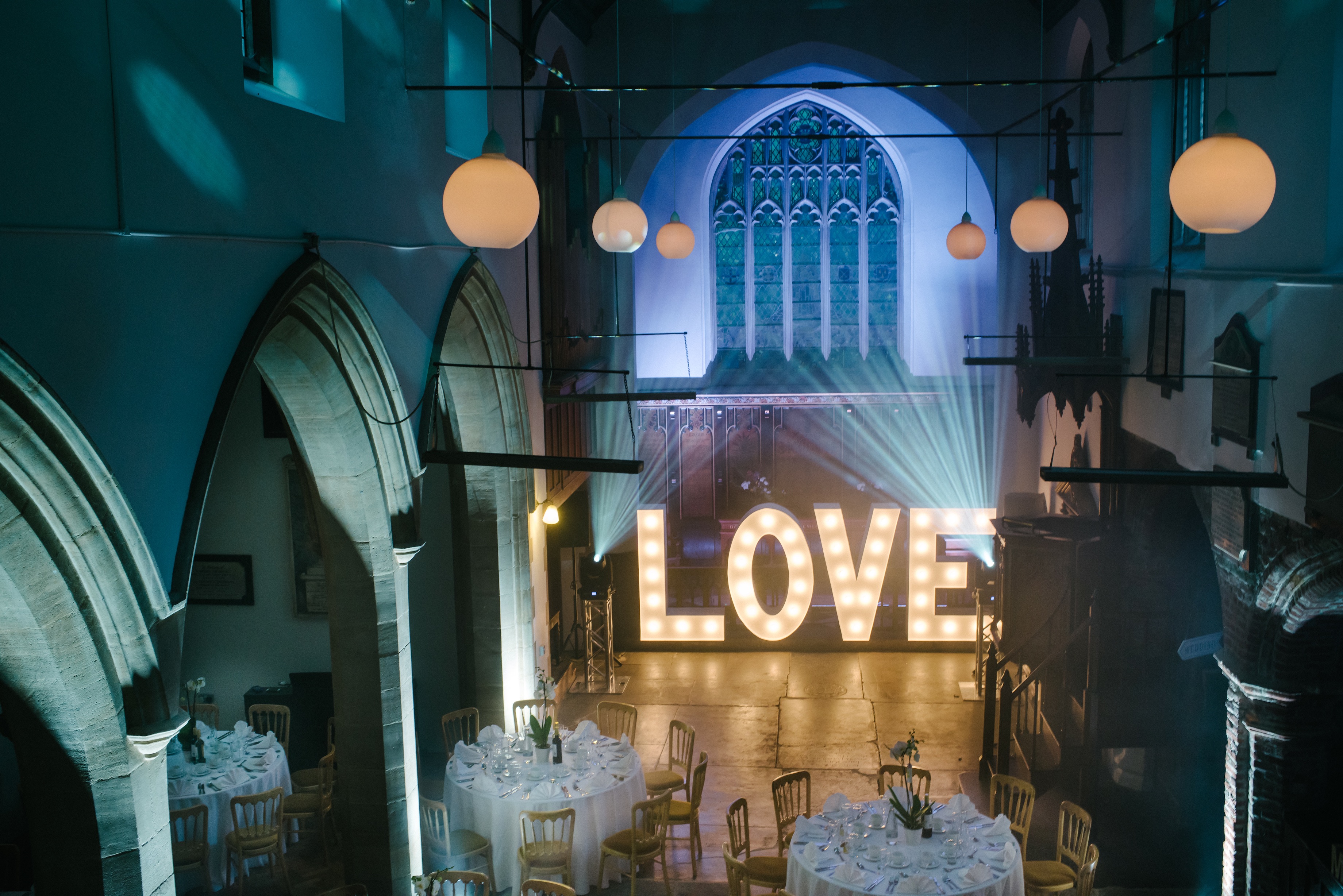 Old Church venue, LOVE marquee, wedding reception, event