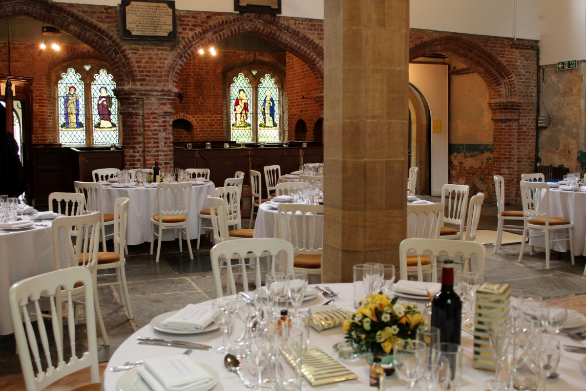 Historic Arts Centre banquet event, stained glass, brick