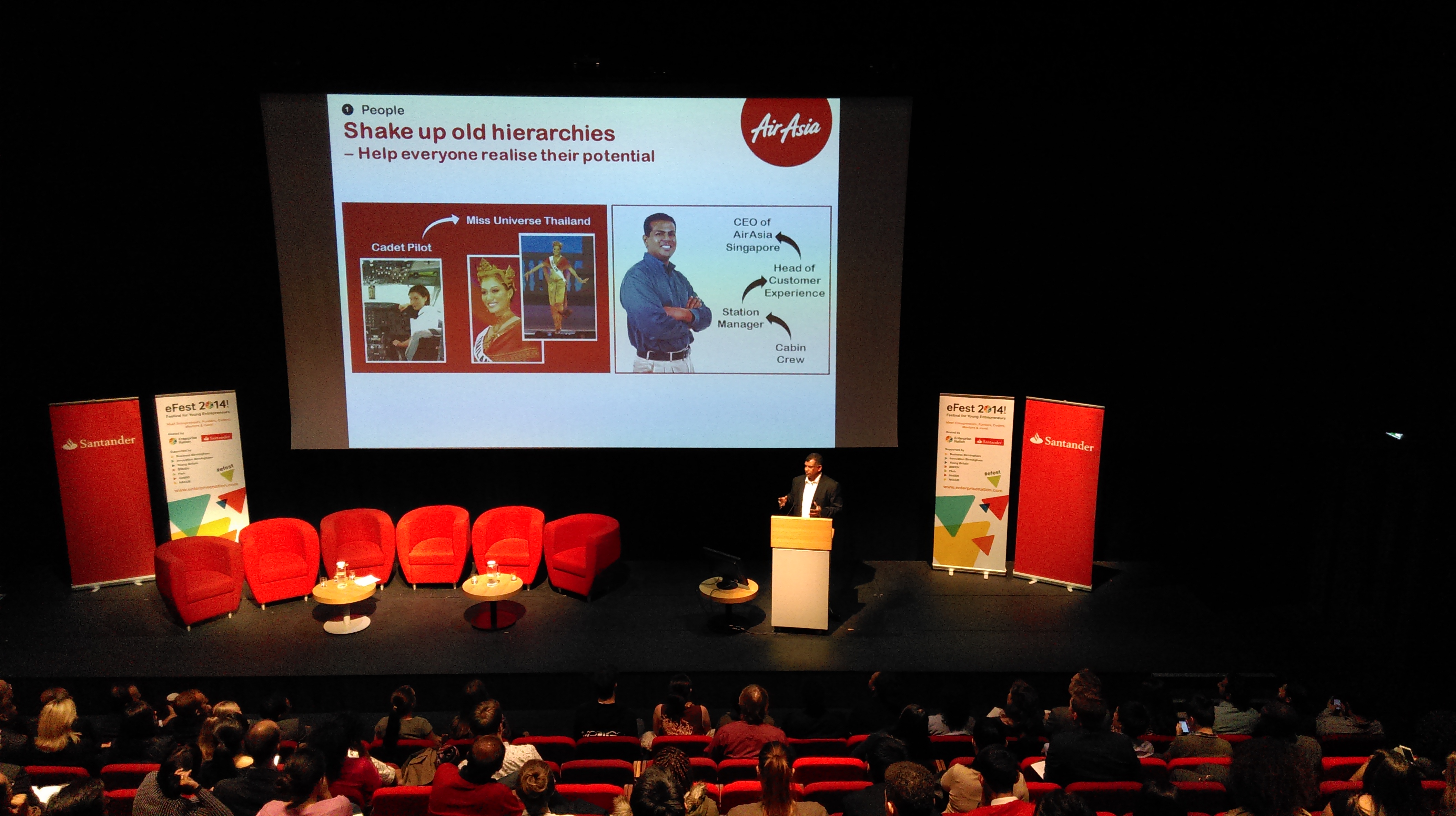 Conference setup at The Studio Theatre, Birmingham; speaker engages audience on innovation.