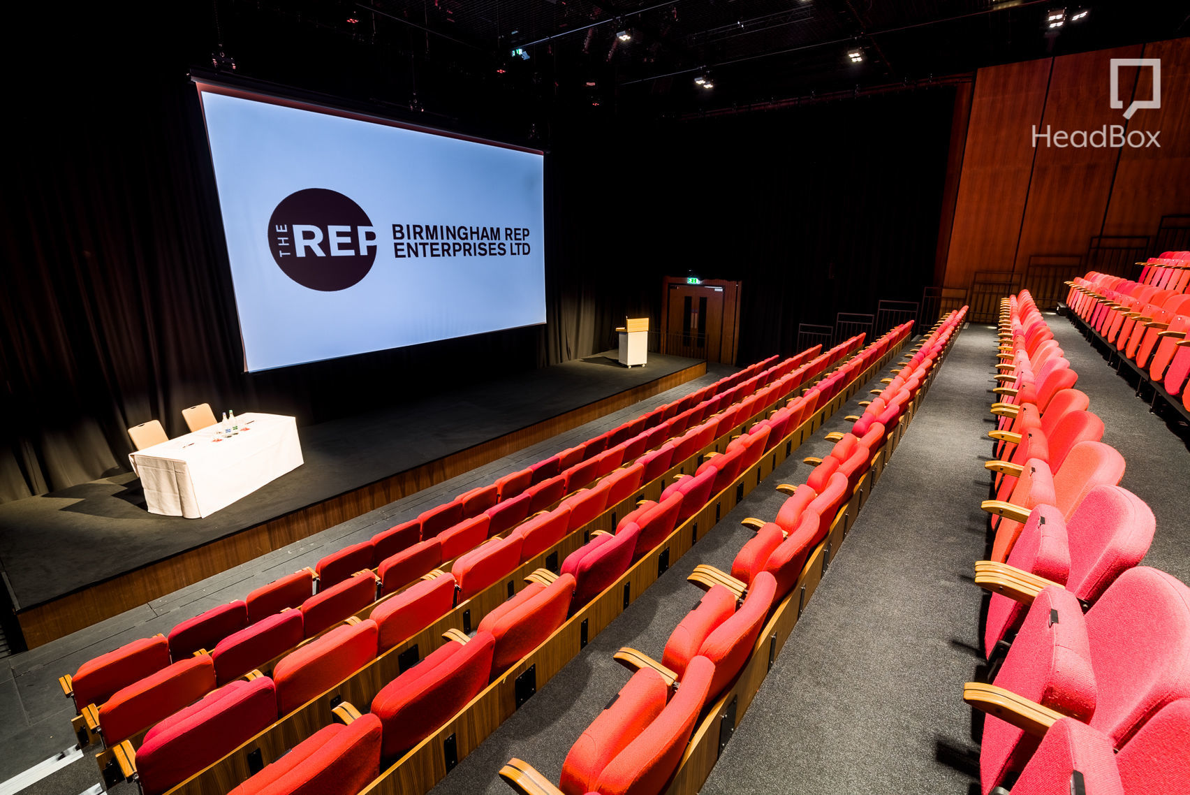 Auditorium at The Studio Theatre, Birmingham REP, set for a professional presentation.