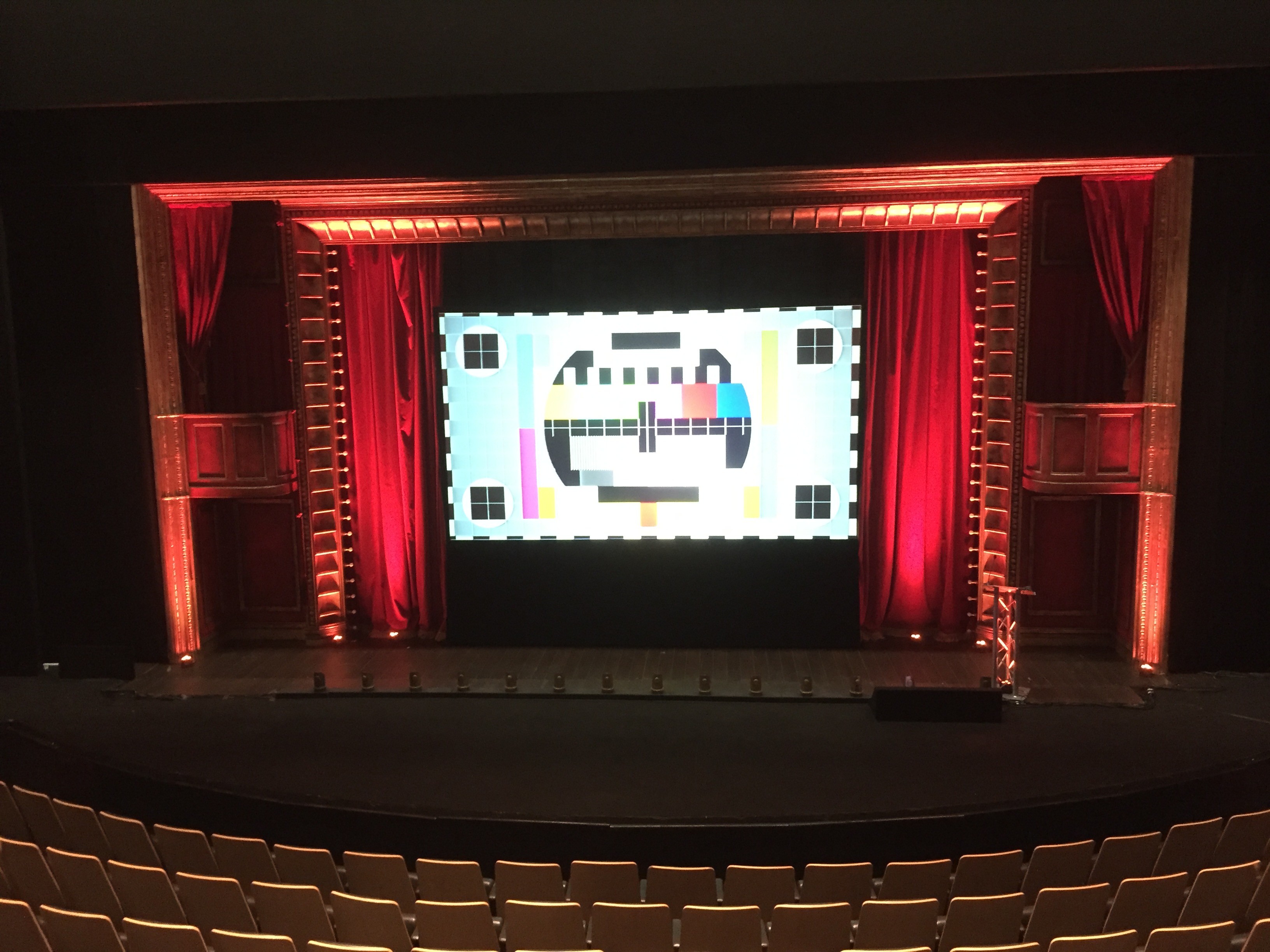 Birmingham REP stage with large screen, perfect for events and performances.