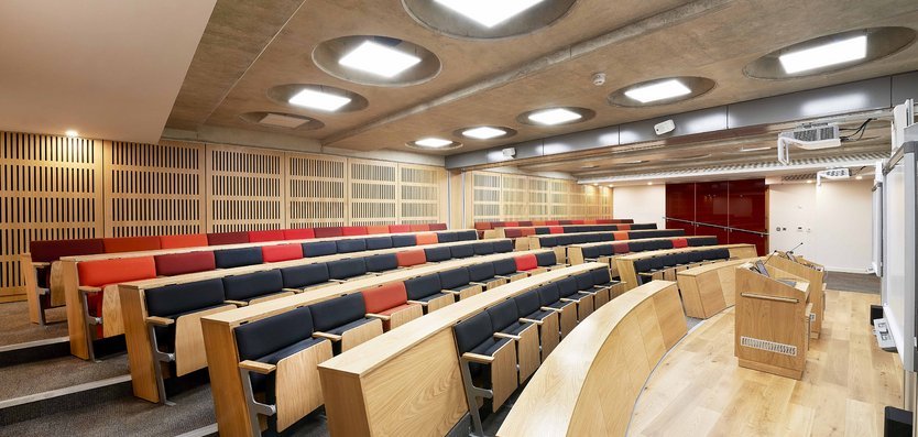 Dickson Poon Lecture Theatre with tiered seating for events and presentations at St Hugh's College.