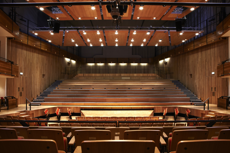 Elgar Concert Hall: modern auditorium with tiered seating for performances and presentations.