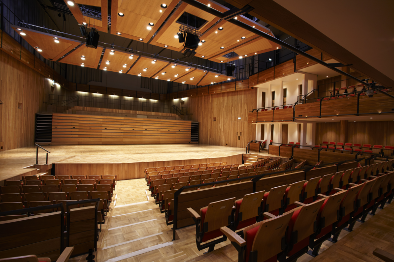 Elgar Concert Hall: spacious wooden auditorium for versatile events and performances.